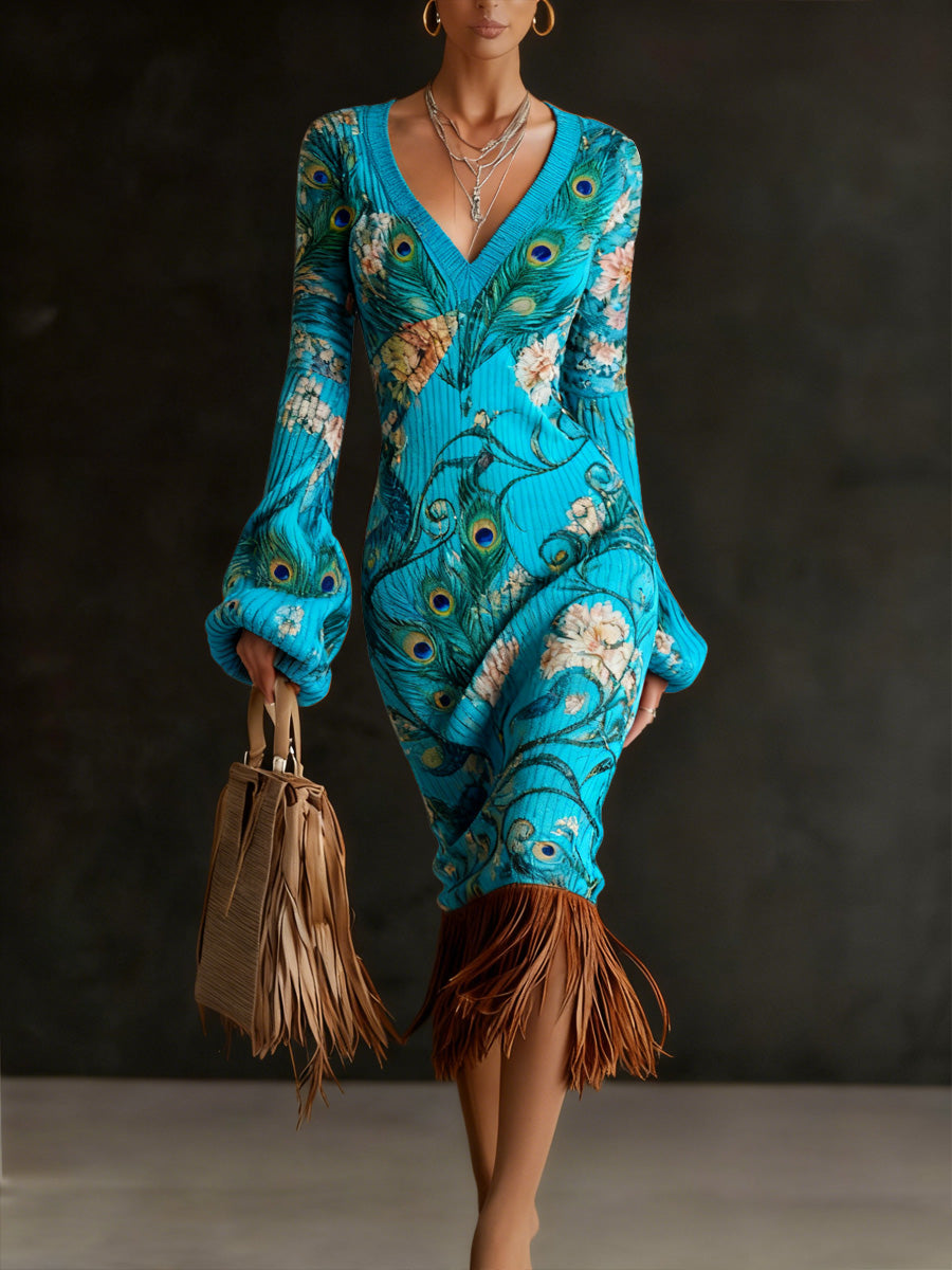 Retro Floral Art Print Vintage V-Neck Pit Striped Knitted Tassels Long-Sleeve Midi Dress